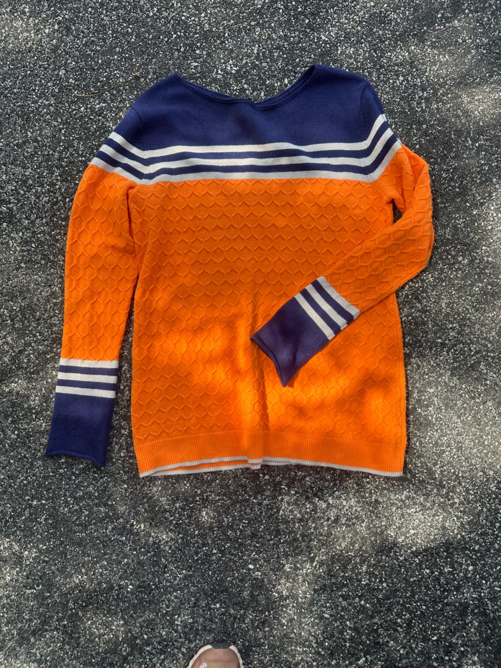 Women's Orange and Navy Crewneck Sweater with Stripe Detail